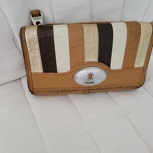 Fossil Striped Leather Wallet - Brown, Cream, Gold